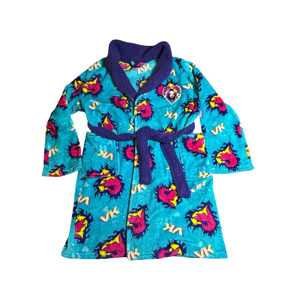 Disney Descendants 3 VK Kids Girls Fleece Robe Size 12 Teal Pink Hearts Mal